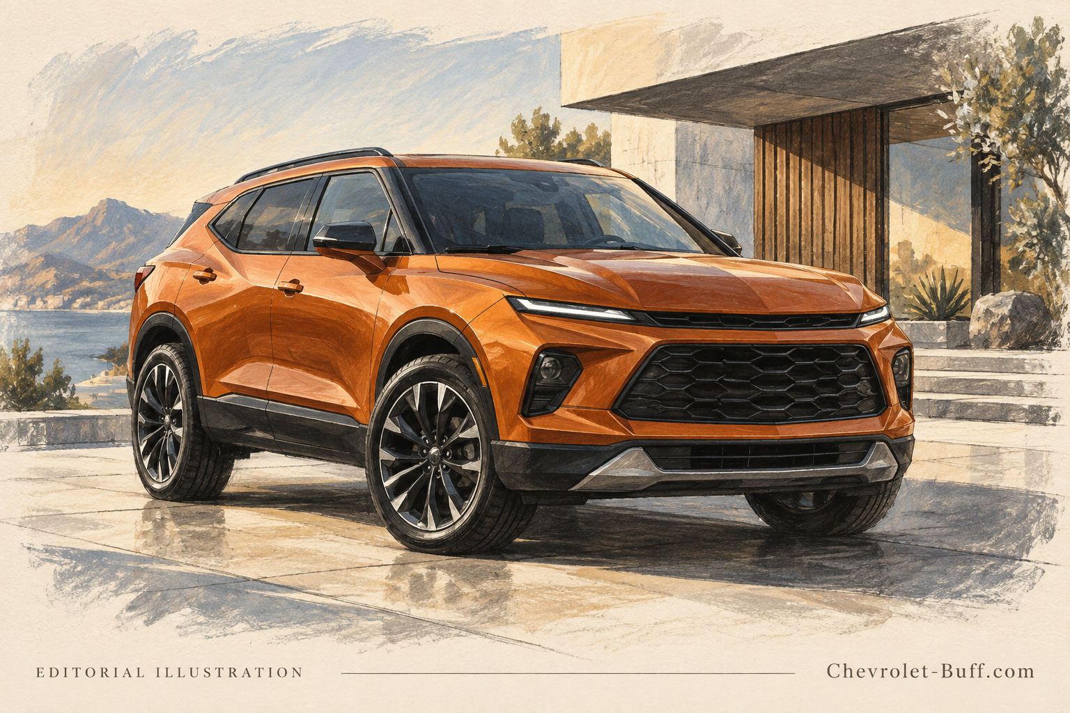 Orange sporty midsize SUV beside modern architecture, Blazer-inspired editorial illustration