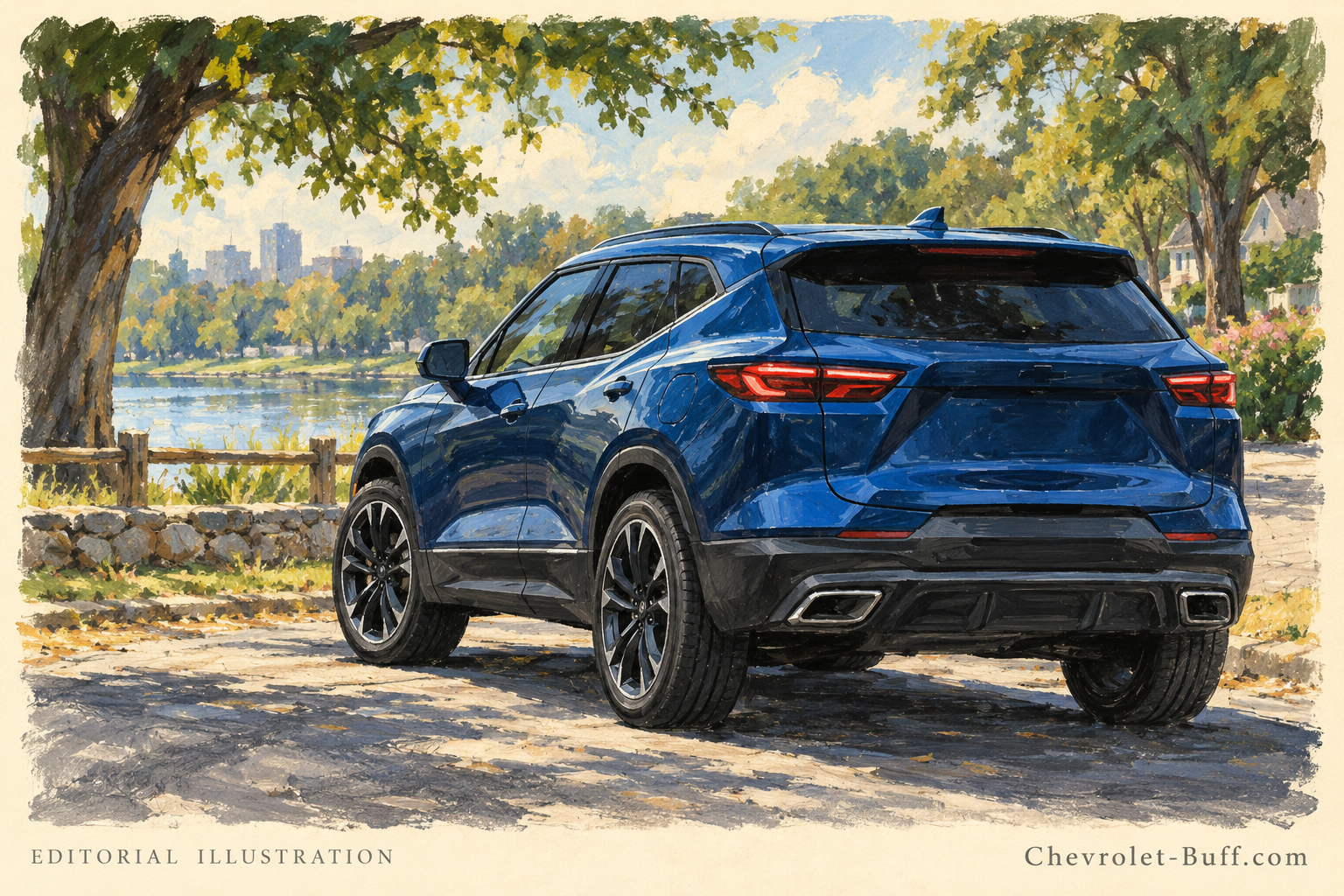 Blue sporty midsize SUV near a park, Blazer-inspired editorial rear illustration
