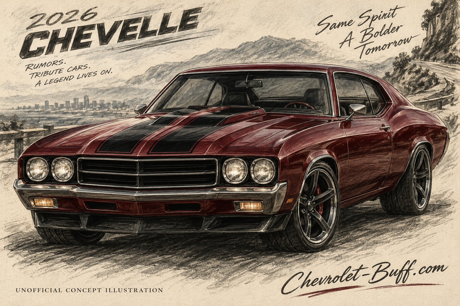 Burgundy Chevelle-inspired muscle coupe, shown as an unofficial concept illustration.