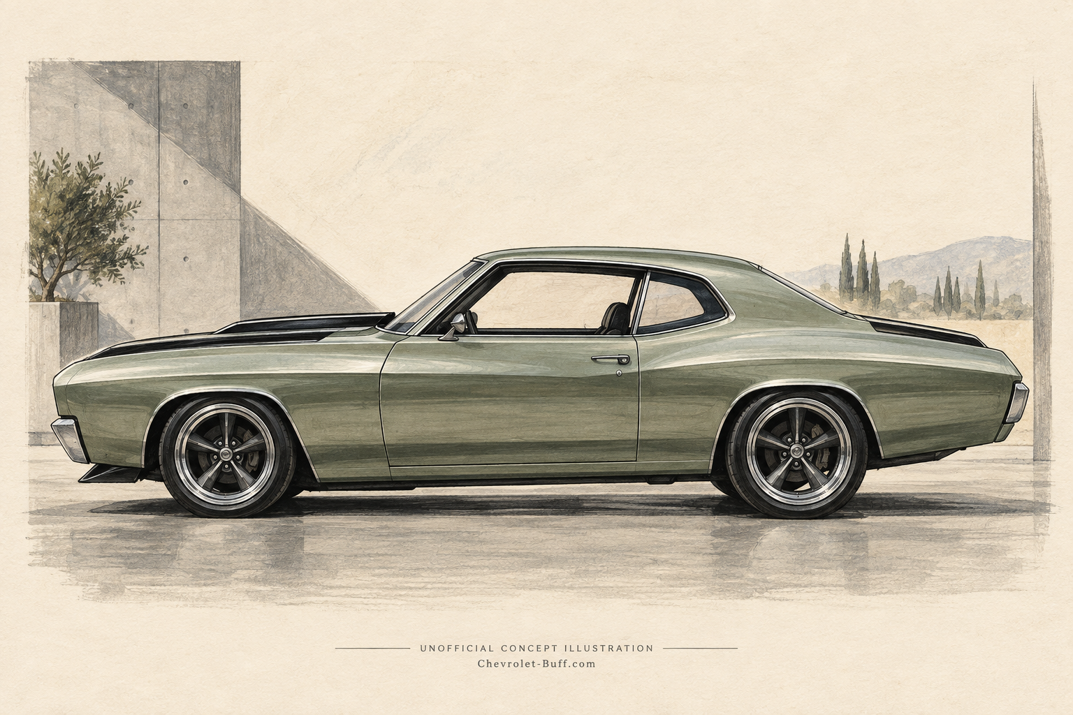 Silver-green retro muscle coupe in a side-profile concept drawing inspired by Chevelle styling