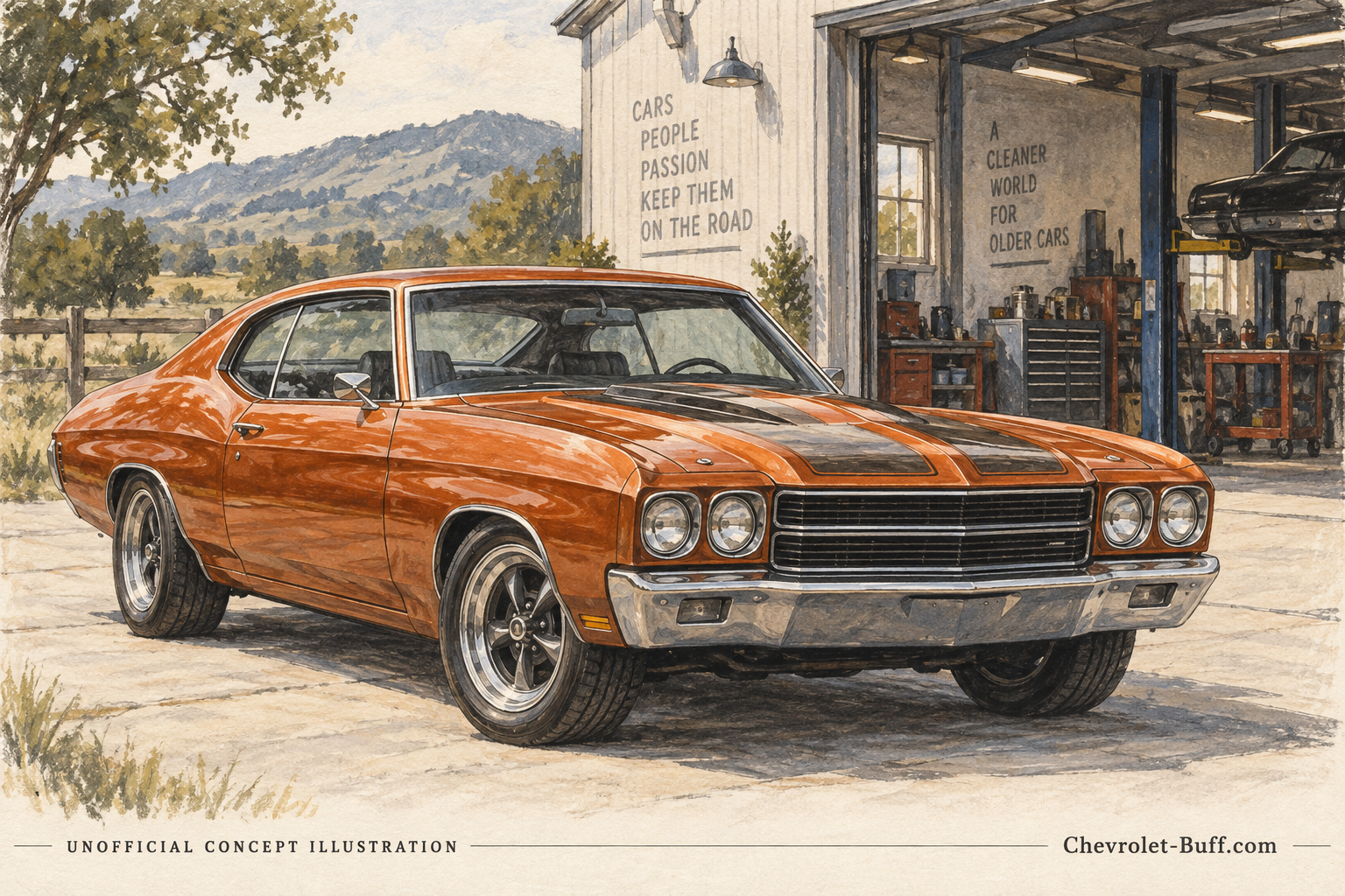 Orange Chevelle-inspired muscle coupe outside a specialist workshop, unofficial concept illustration