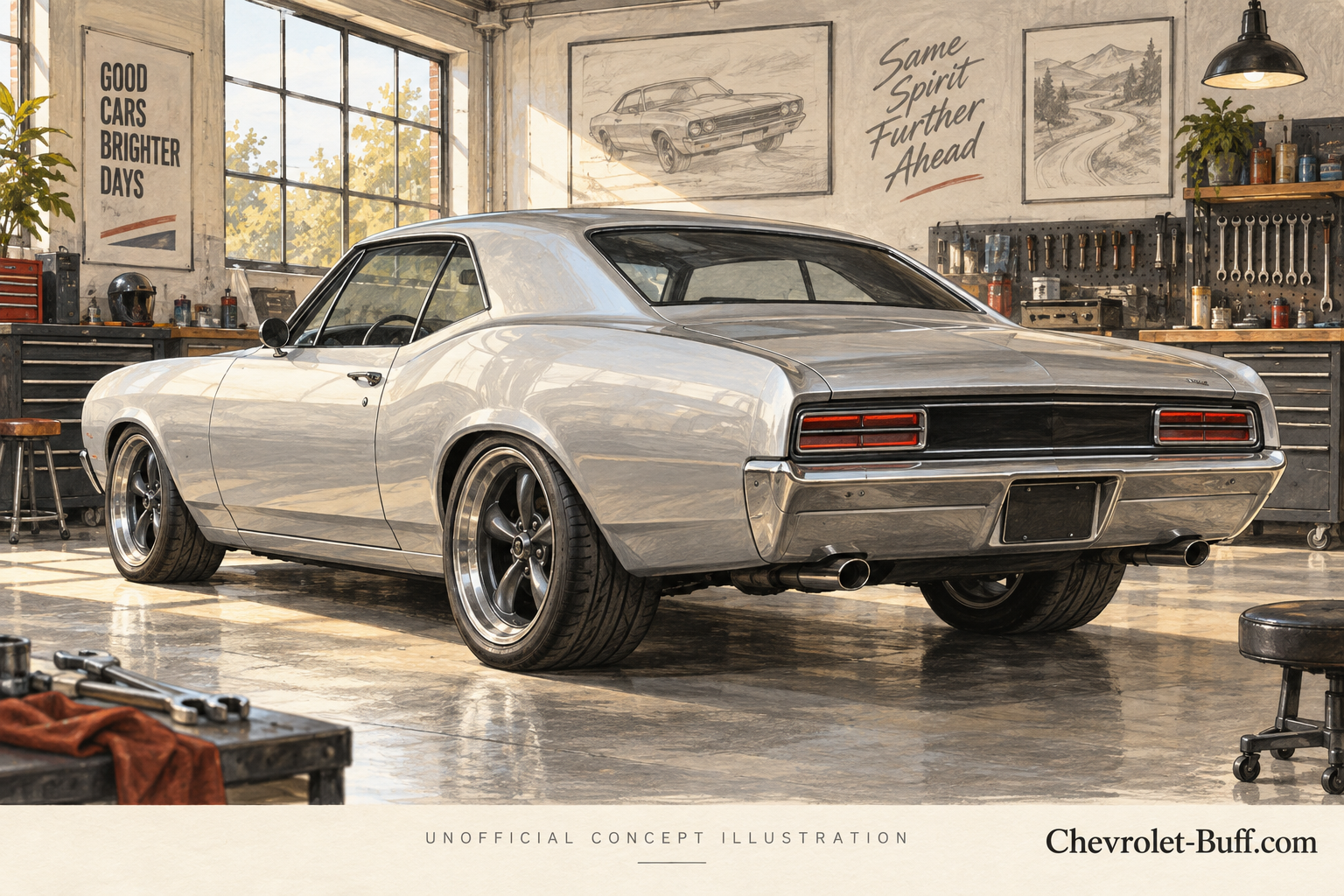 Silver Chevelle-inspired coupe in a workshop, unofficial rear three-quarter concept illustration