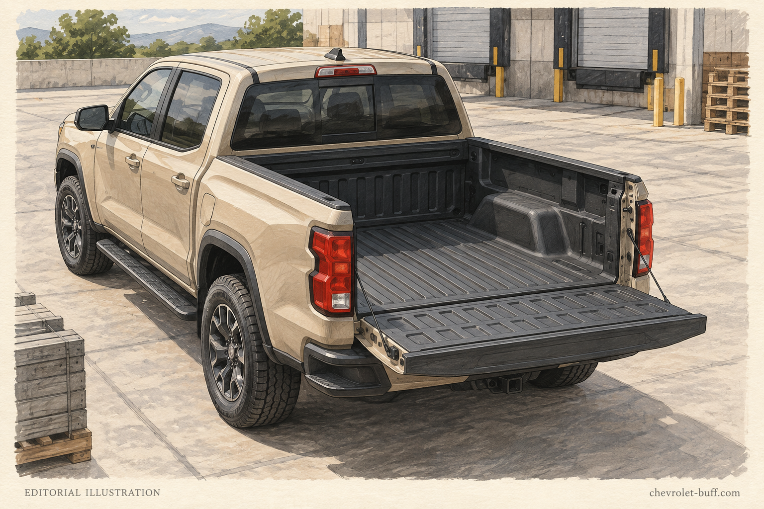 Editorial illustration of a short-bed crew cab pickup with its tailgate lowered