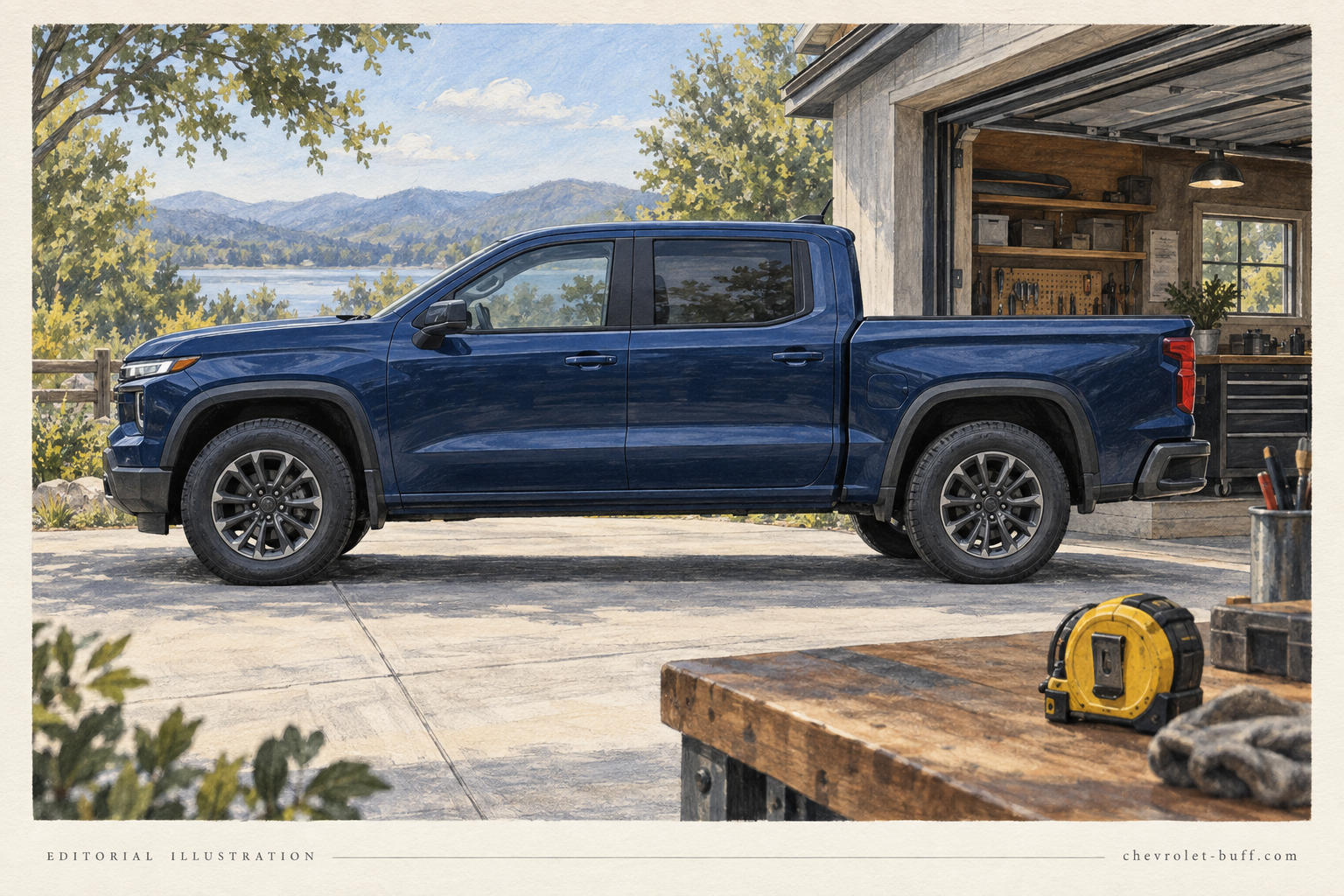 Illustrated crew cab pickup beside a garage with a tape measure in the foreground