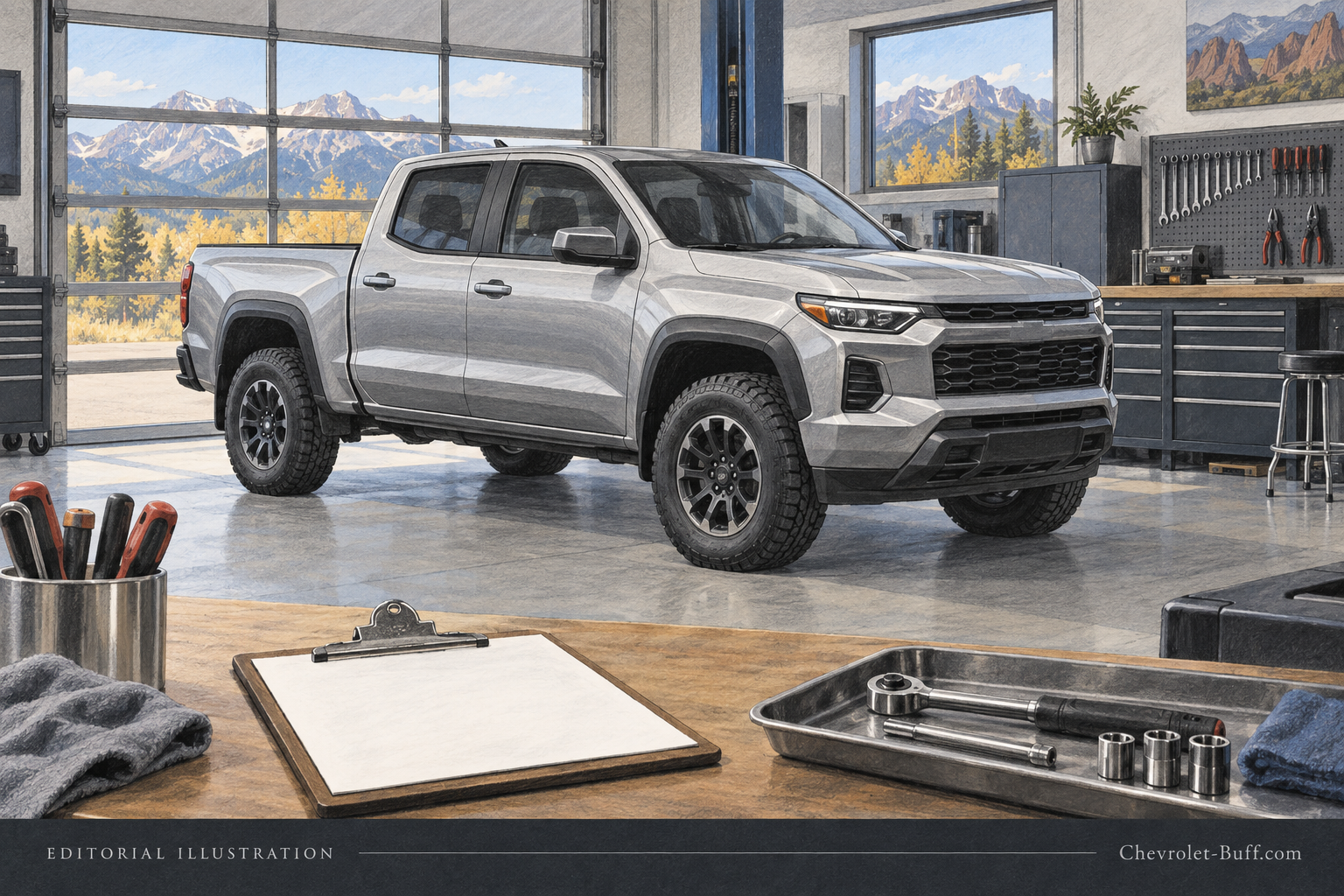Silver midsize pickup in a tidy workshop with inspection clipboard, editorial illustration