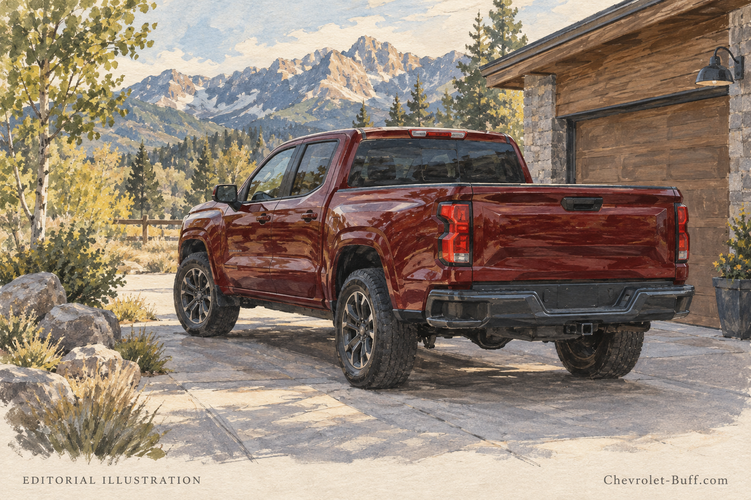 Red midsize pickup parked beside a garage, editorial ownership illustration