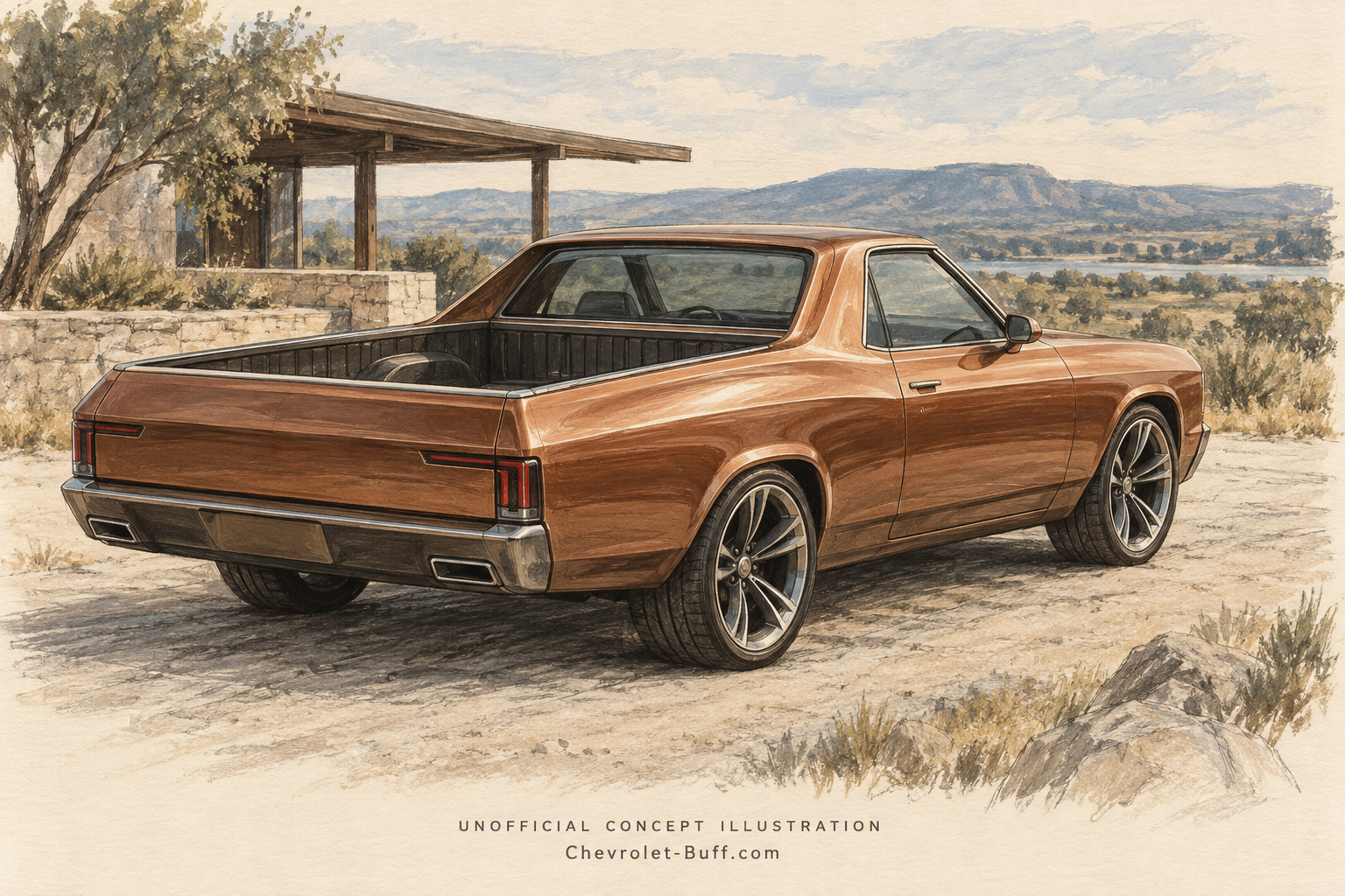 Copper coupe utility concept with an open cargo bed, unofficial El Camino-inspired illustration