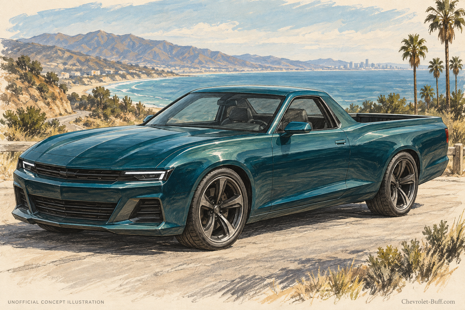 Teal coupe utility concept inspired by the El Camino, unofficial front three-quarter illustration