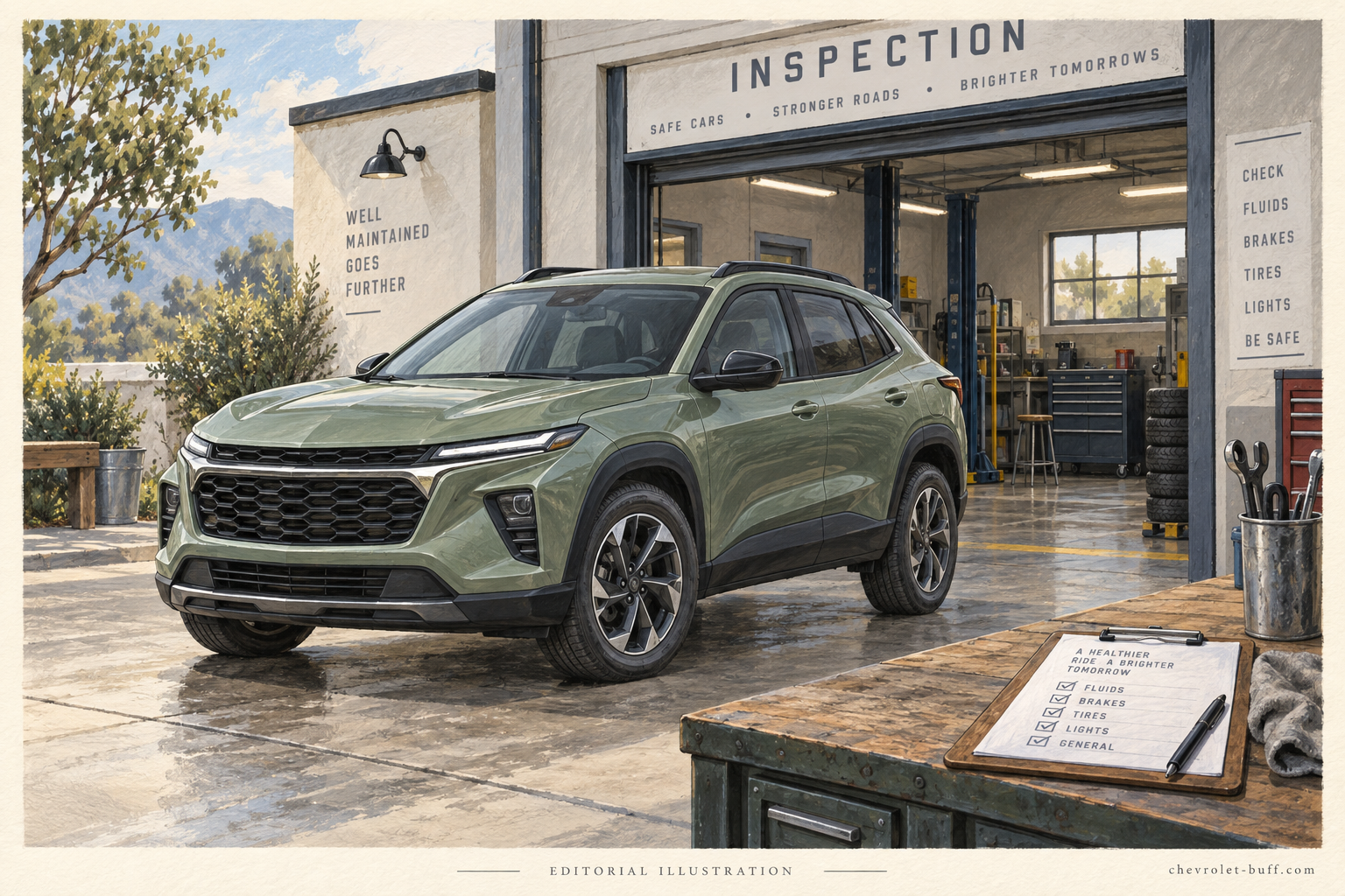 Editorial illustration of a compact crossover outside an inspection garage
