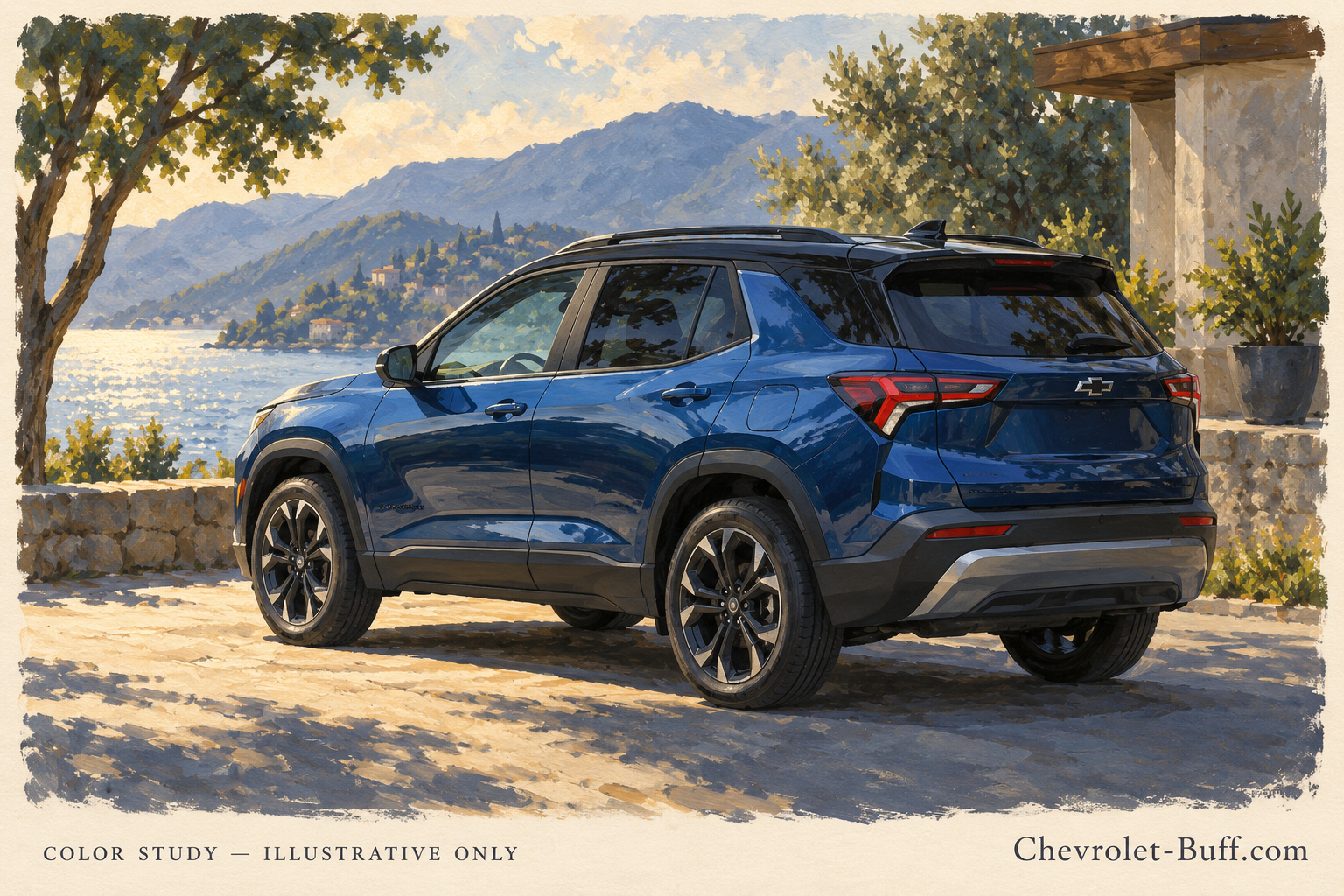Blue compact SUV in sunlight and shade, illustrative Equinox color study