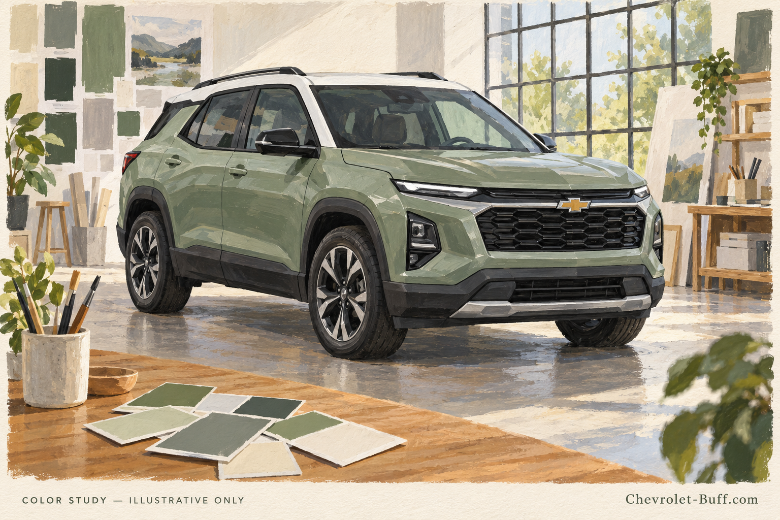 Sage-green compact SUV with white roof and paint chips, illustrative Equinox color study