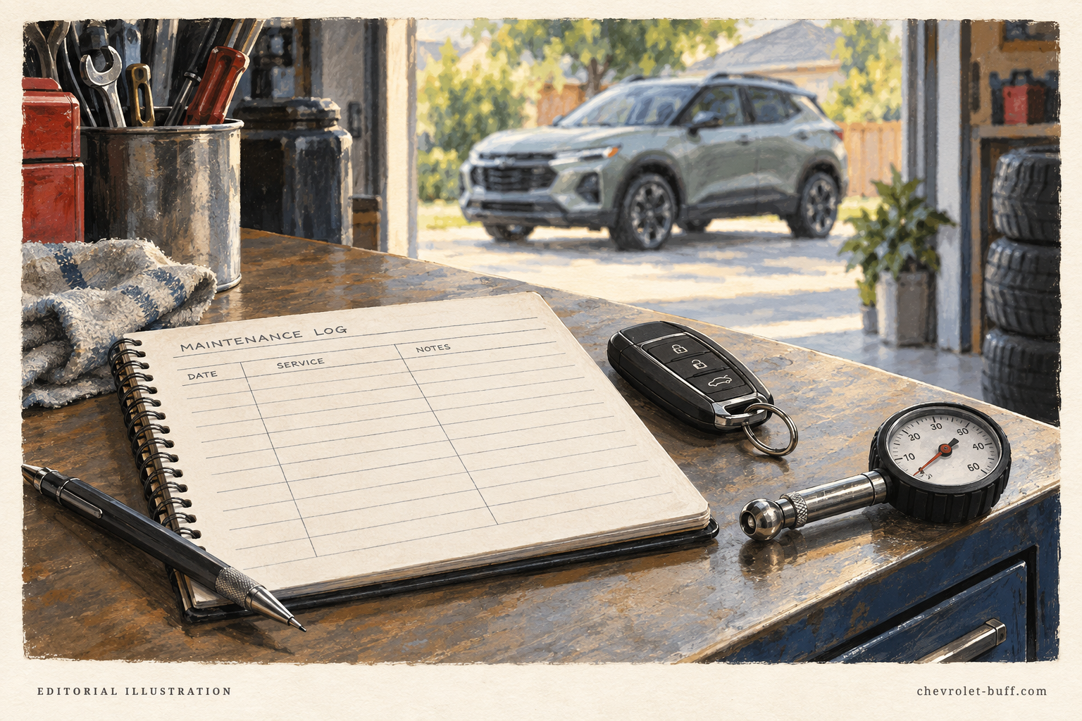 Illustrated maintenance notebook, car key and tire gauge on a workbench