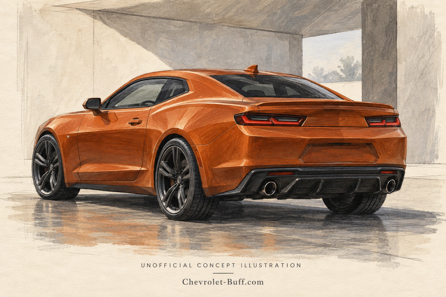 Orange Camaro-inspired coupe from the rear, an unofficial imagined concept rather than a 2026 production design