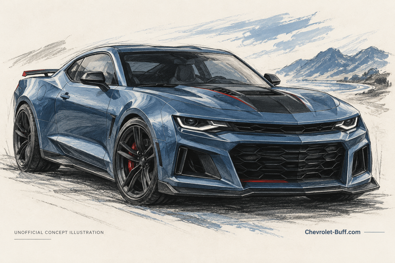 Blue Camaro-inspired coupe shown from the front, an unofficial concept illustration rather than a confirmed 2026 production car.