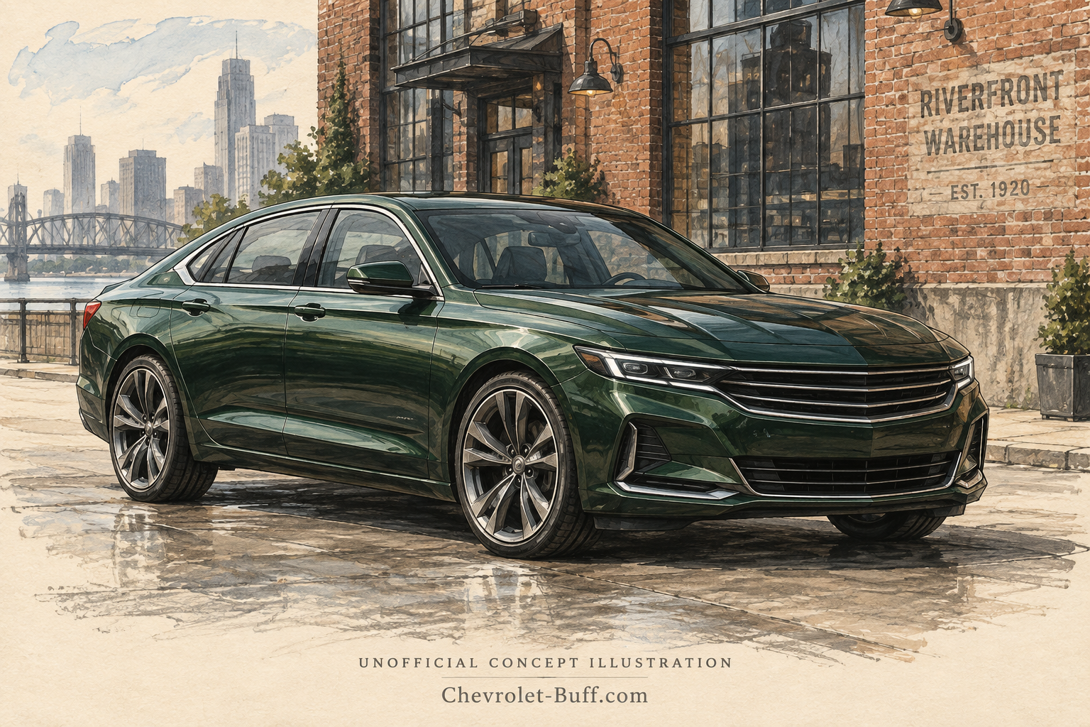 Green full-size sedan concept, unofficial Impala-inspired front three-quarter illustration