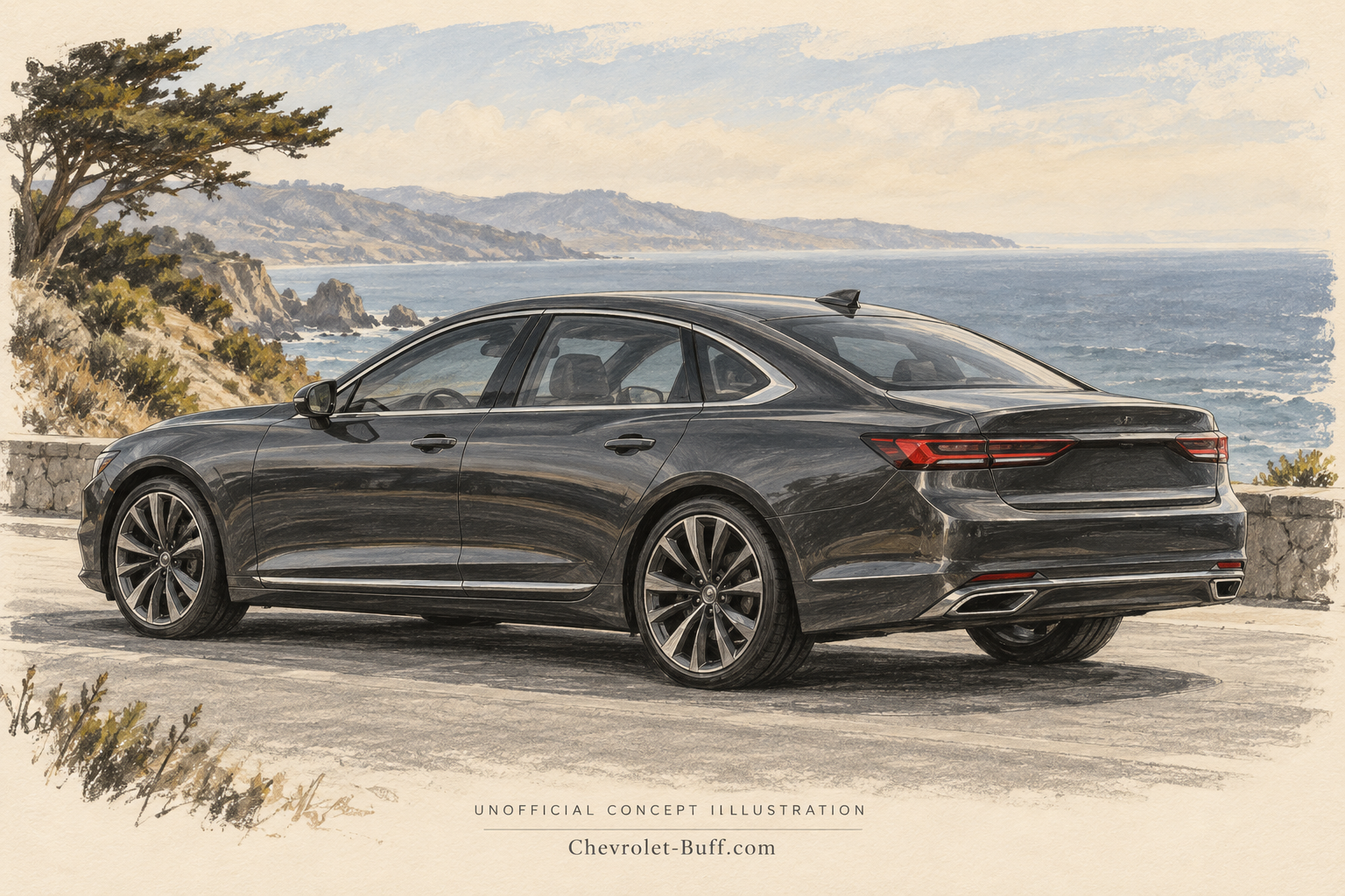 Charcoal full-size sedan concept, unofficial Impala-inspired rear three-quarter illustration