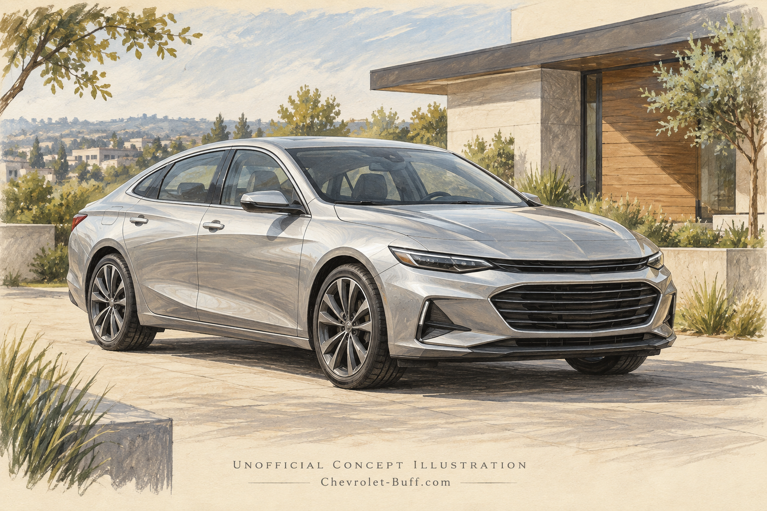 Silver midsize sedan concept, unofficial Malibu-inspired front three-quarter illustration