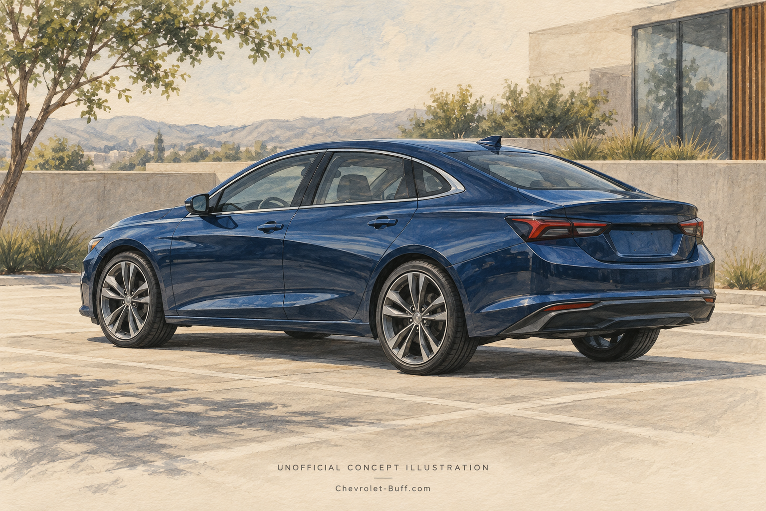 Blue midsize sedan concept, unofficial Malibu-inspired rear three-quarter illustration