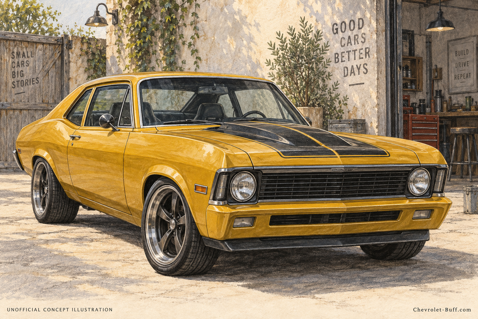 Mustard-yellow Nova-inspired muscle coupe in a workshop courtyard, unofficial concept illustration