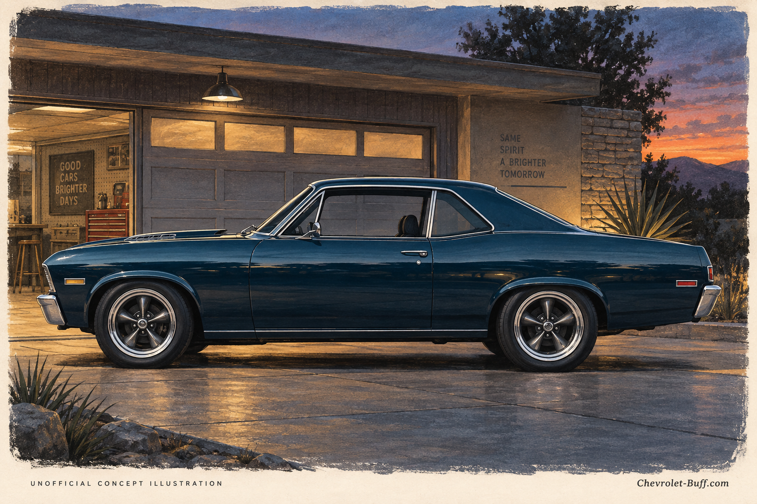 Dark-blue Nova-inspired compact muscle coupe in side profile, unofficial concept artwork