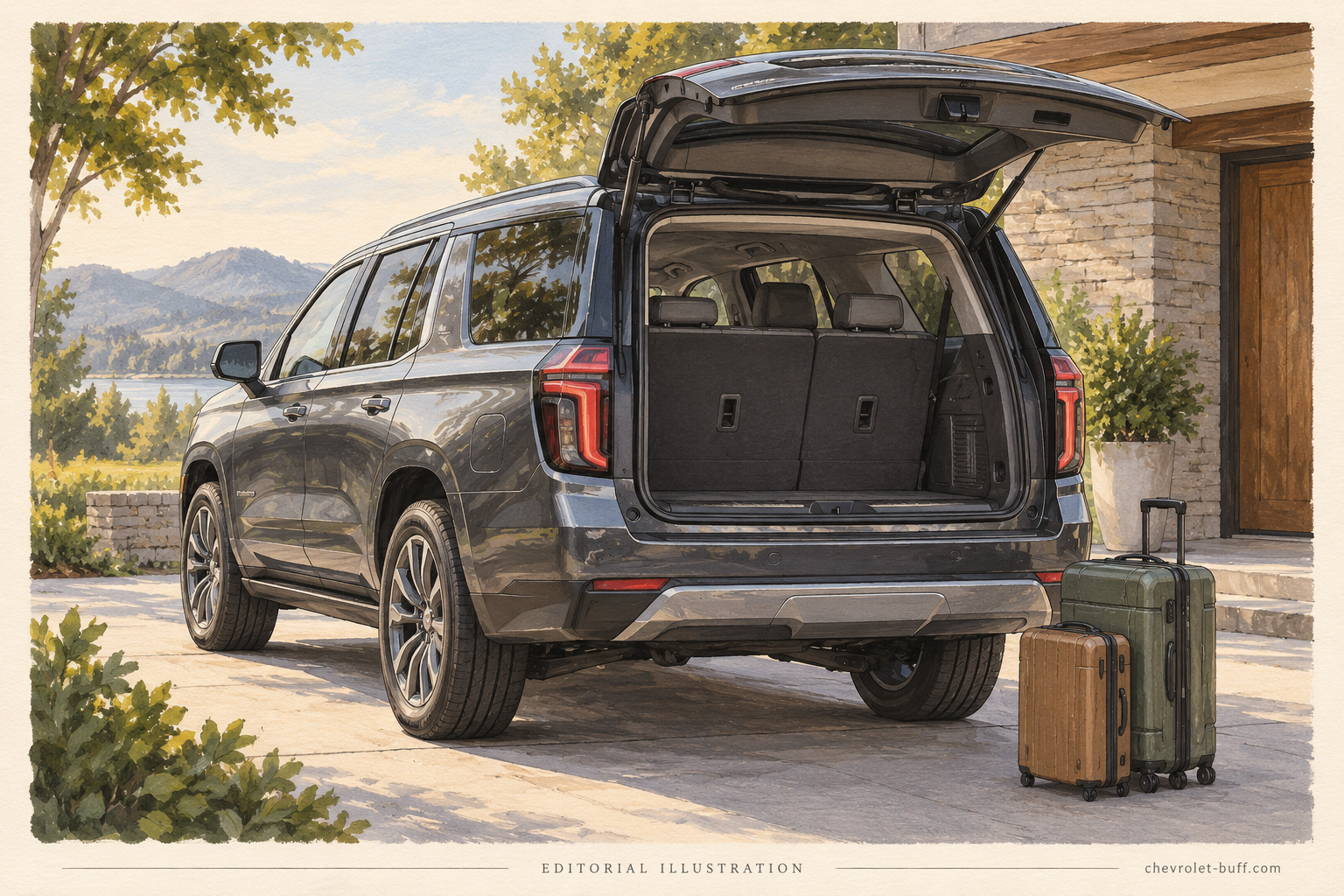 Illustrated large SUV with open liftgate and suitcases beside the cargo opening