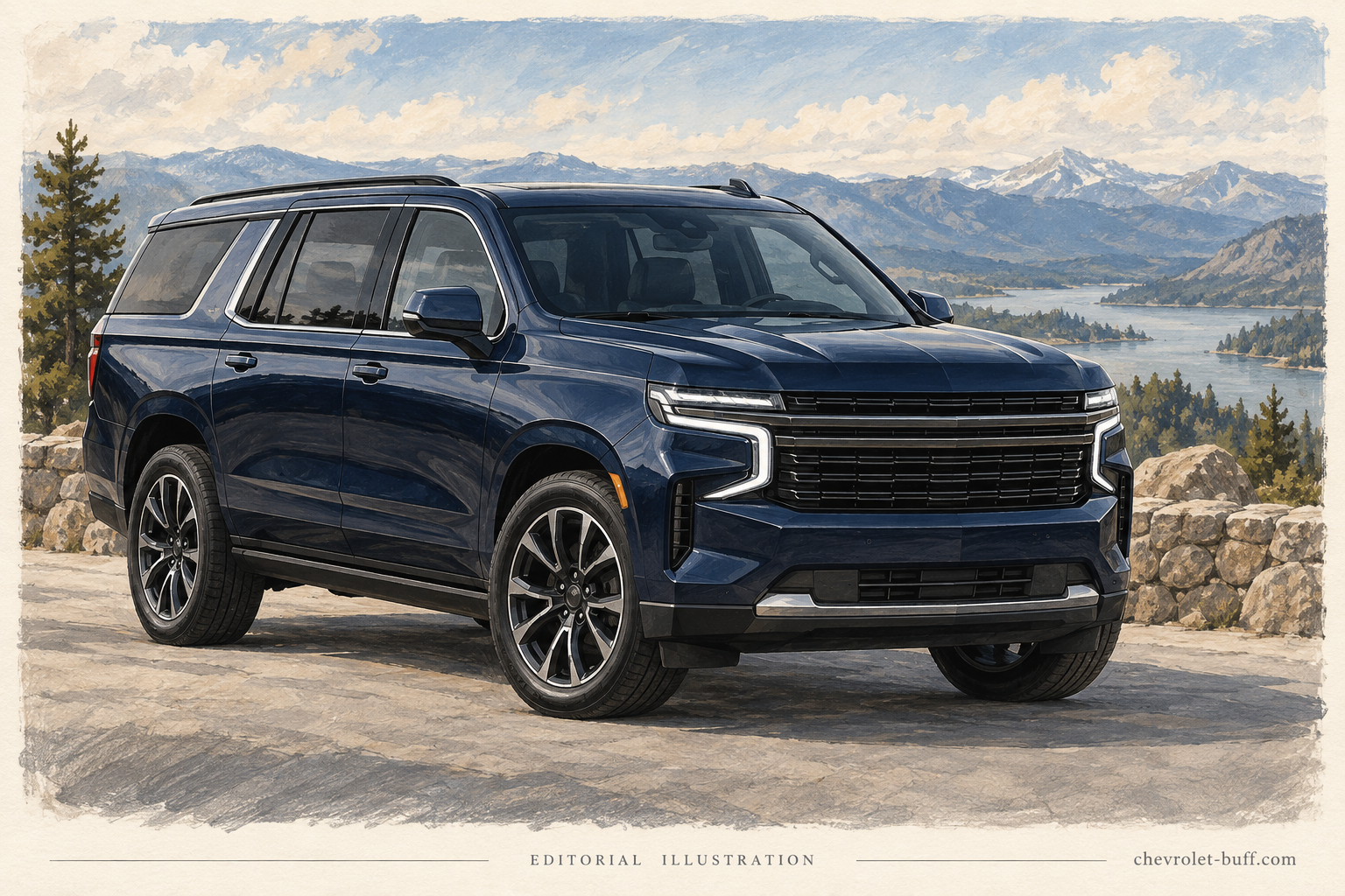 Editorial illustration of a navy full-size SUV at a mountain overlook