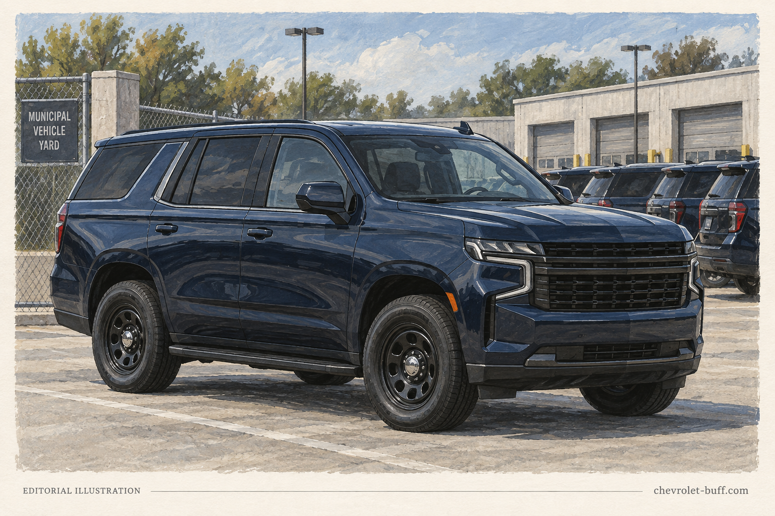 Editorial illustration of a plain navy fleet SUV with steel wheels in a municipal yard