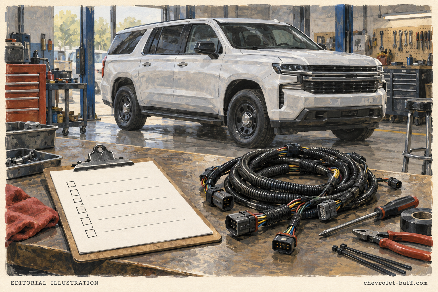 Illustrated fleet SUV inspection scene with a blank checklist and wiring loom