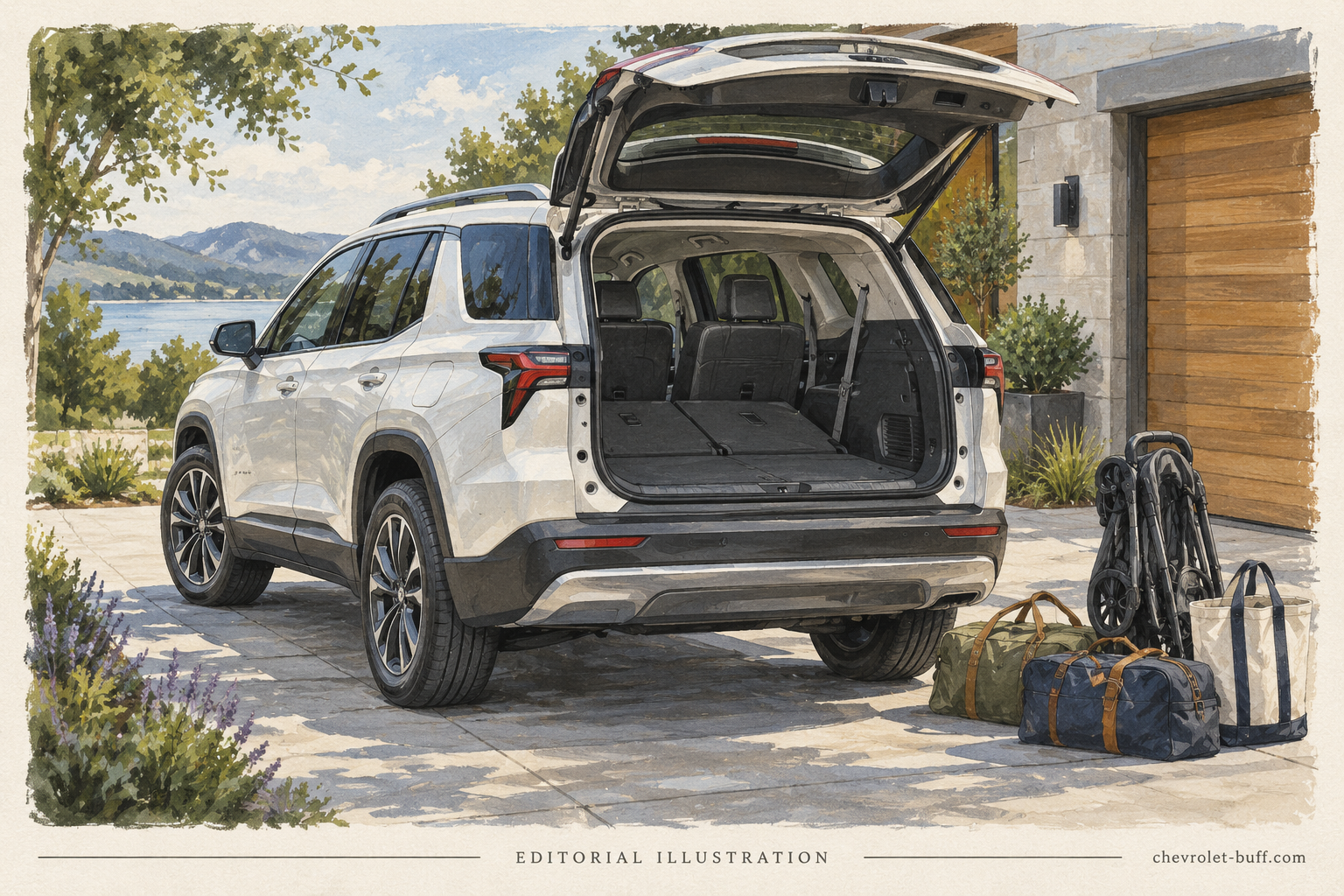 Illustrated family crossover with open liftgate, stroller and travel bags