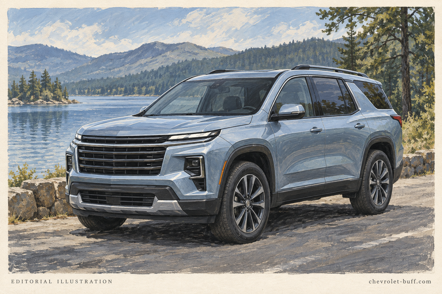 Editorial illustration of a silver-blue three-row crossover beside a lake